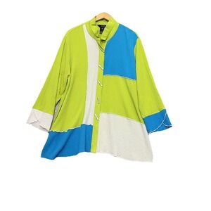 Ali Miles Womens Top Tunic XL Crinkle Colorblock Button Lagenlook Artsy Lagom